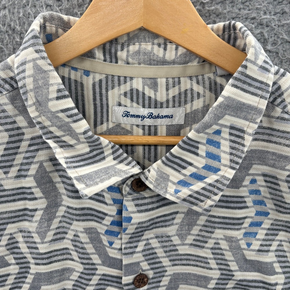 Tommy Bahama Shirt Mens XXL Gray Blue Silk Blend Geometric Button Up Vacation